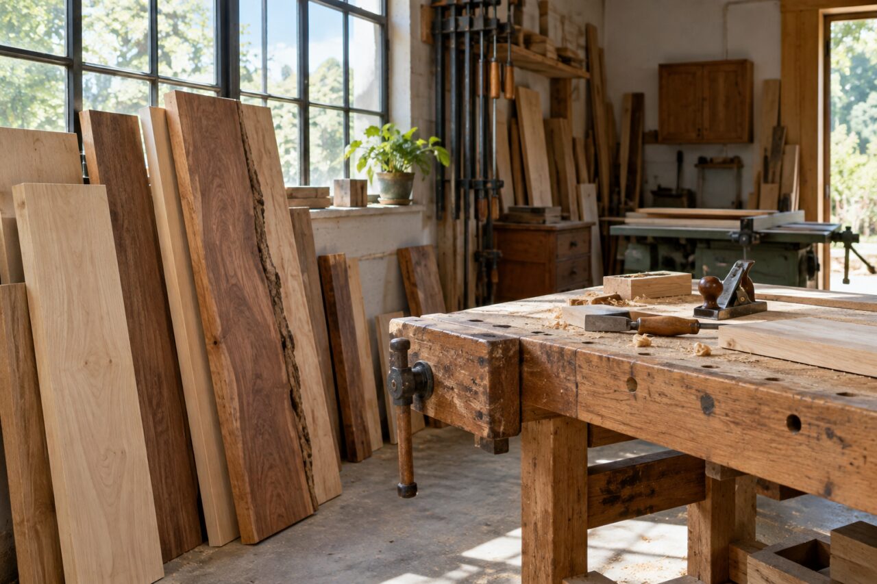 Zelfstandige meubelmakerij — with boards stacked beside a workbench