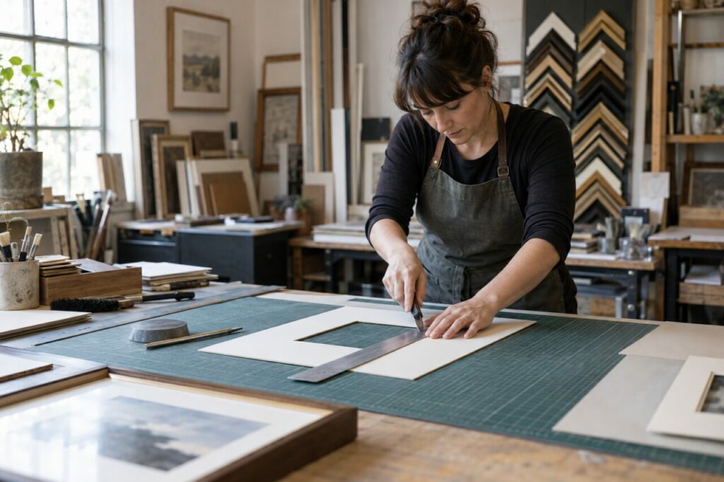 Atelier d’encadrement indépendant — cutting a mat board on a worktable
