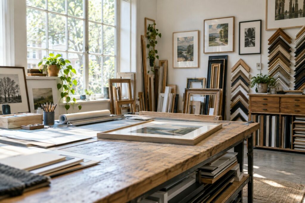 Atelier d’encadrement indépendant — inside a bright independent framing studio