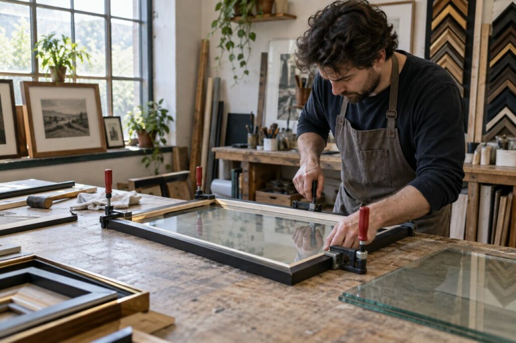 Atelier d’encadrement indépendant — showing glass and corner clamps