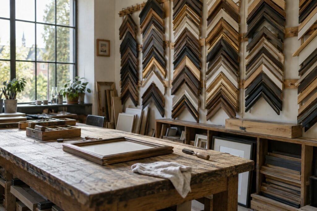 Atelier d’encadrement indépendant — with wooden frames on a wall rack