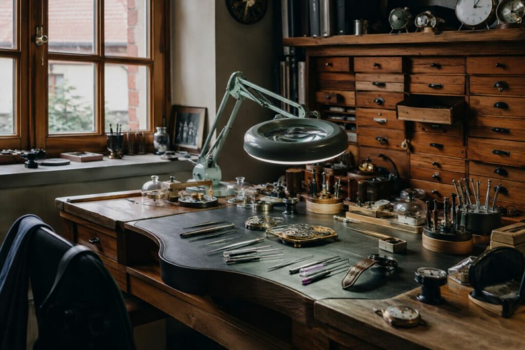 Atelier d’horloger avec établi en bois, tiroirs et outils de précision