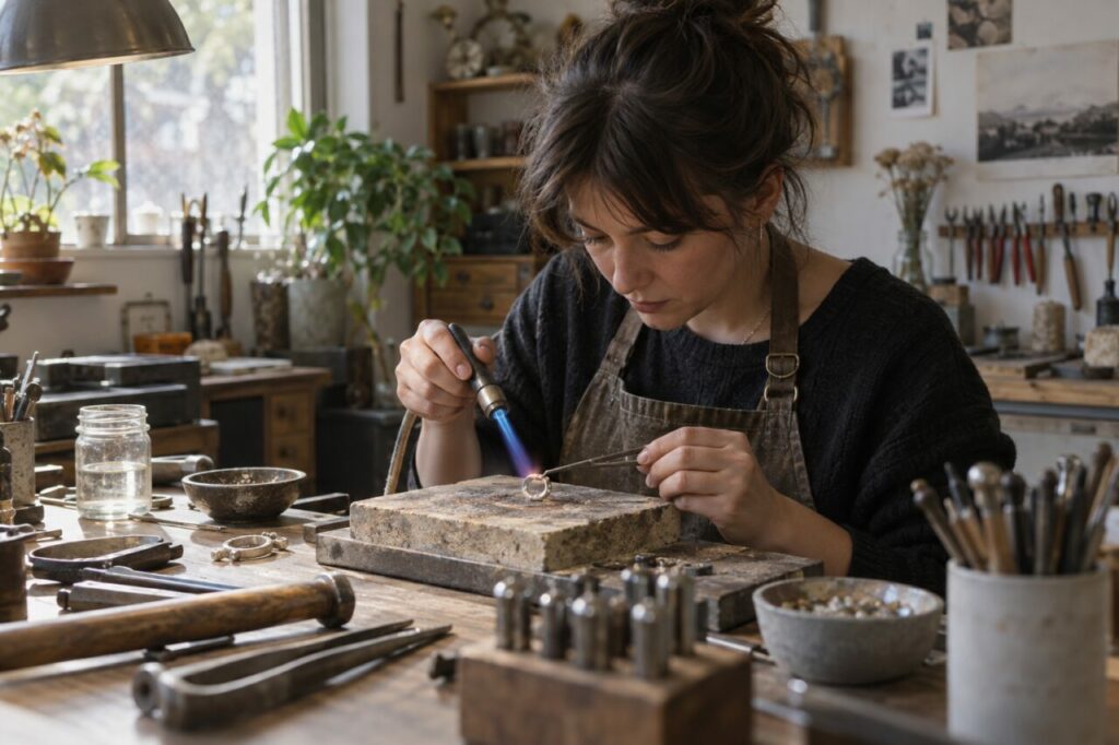 Atelier d’orfèvre indépendant — soldering a small metal form