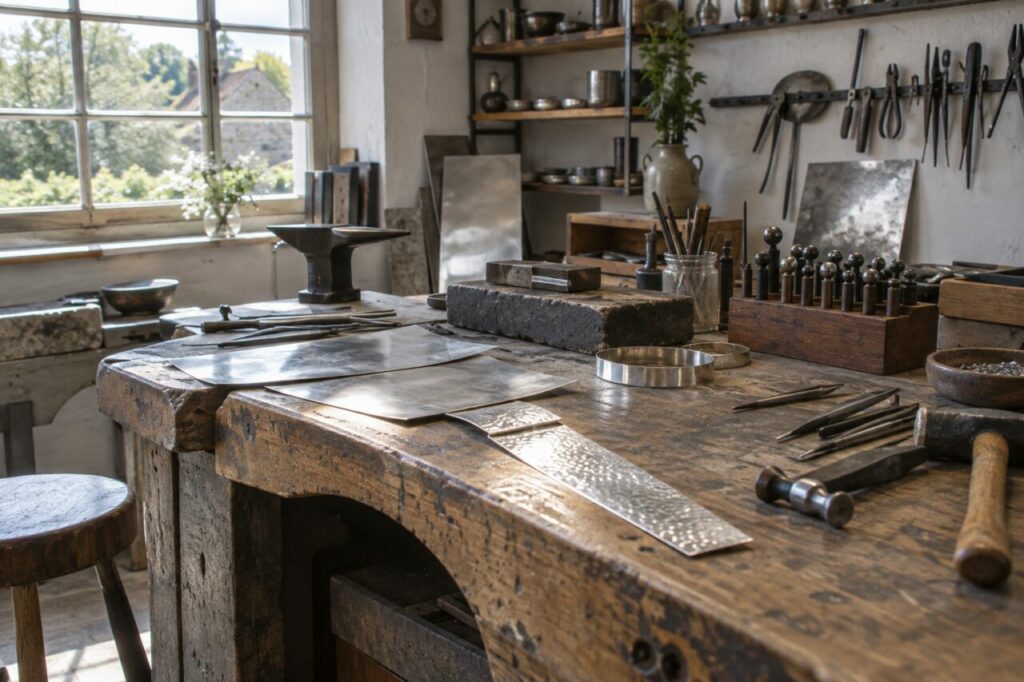 Atelier d’orfèvre indépendant — with silver sheets and hand tools