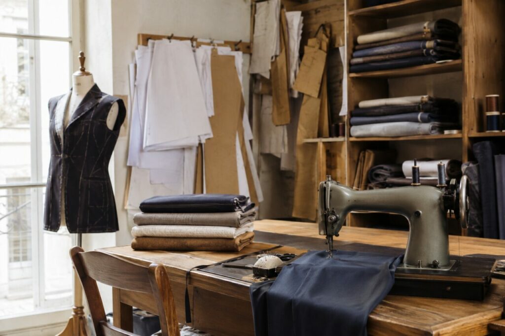 Atelier de couture lumineux — Étoffes pliées, bobines de fil et table de coupe sous une lumière claire