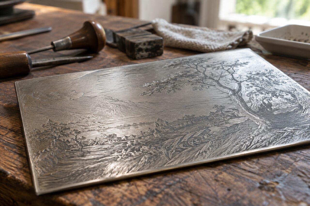 Zelfstandige graveerstudio — a close view of fine engraved lines