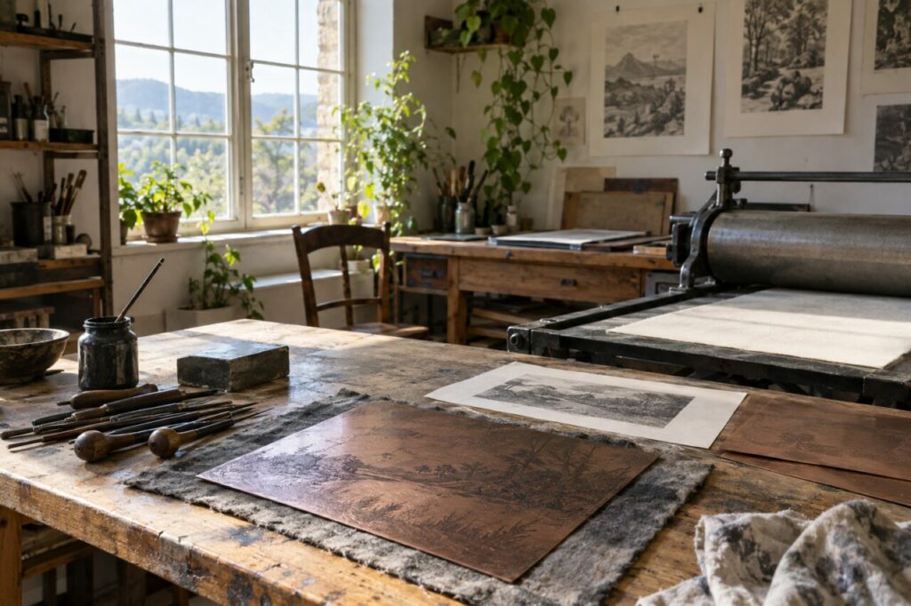 Oficina independente de gravação — inside a quiet independent engraving studio