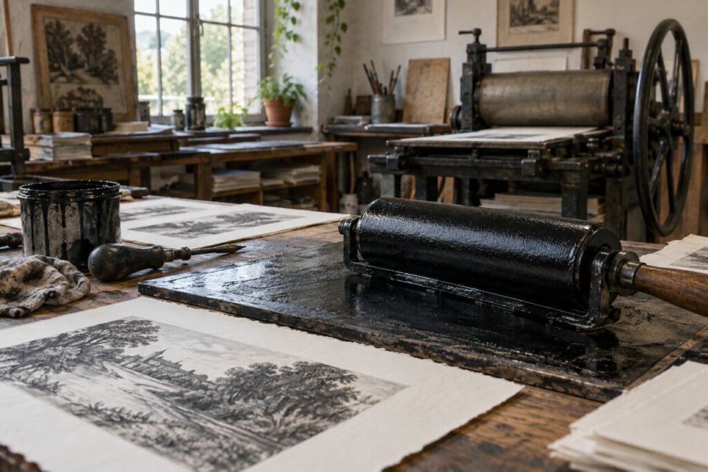 Oficina independente de gravação — showing ink rollers and paper proofs