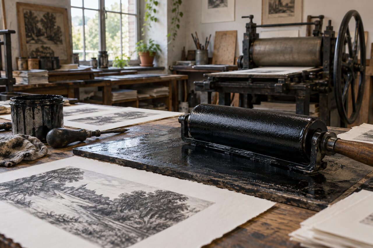 Independent engraving workshop — showing ink rollers and paper proofs