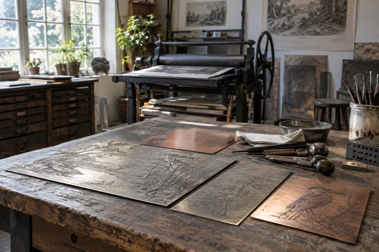 Independent engraving workshop — with engraved plates on a workbench