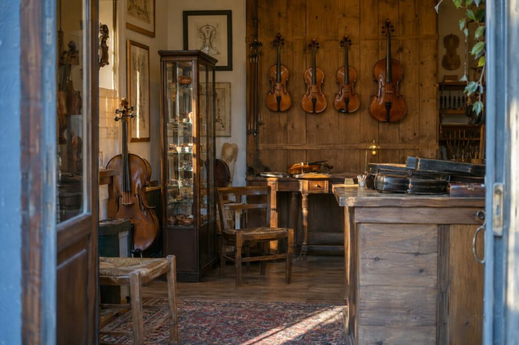 Atelier de lutherie avec instruments suspendus
