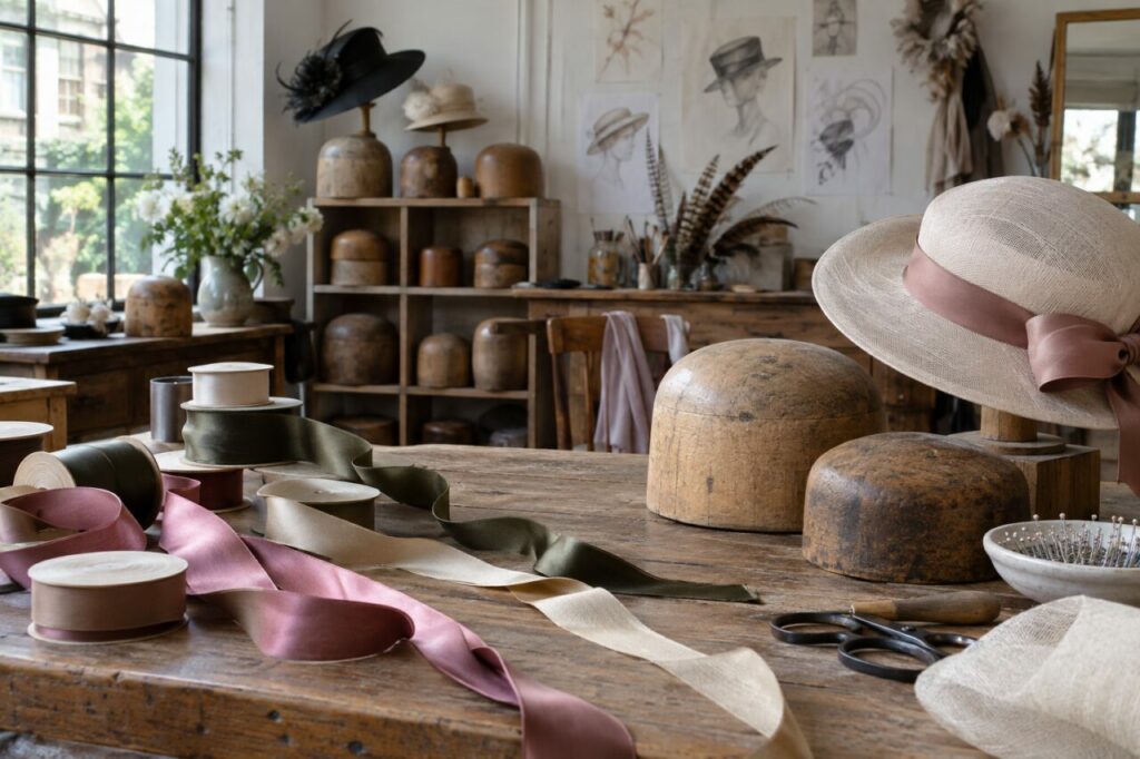 Atelier de modiste indépendant — arranging ribbons and hat blocks