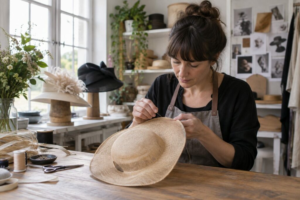 Atelier de modiste indépendant — showing a hand-sewn brim
