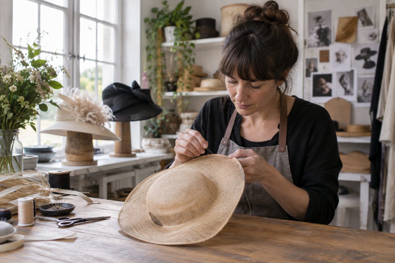 Atelier de modiste indépendant — showing a hand-sewn brim
