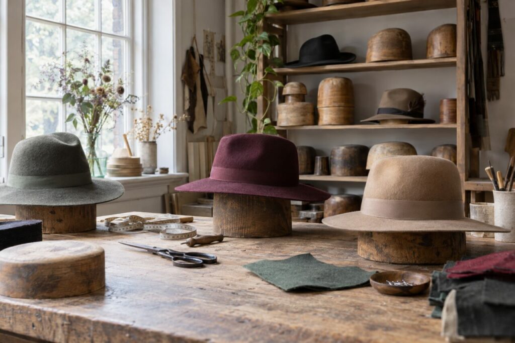 Atelier independente de chapelaria — with felt hats on wooden forms