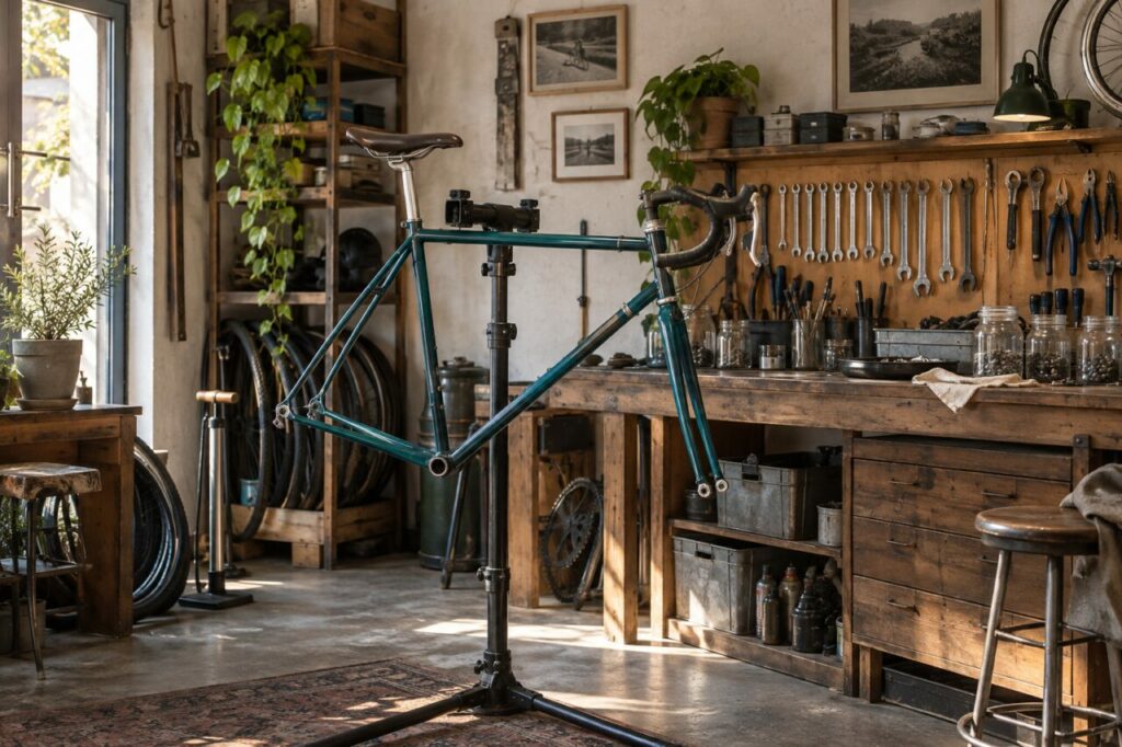 Atelier de réparation de vélos avec cadre bleu pétrole et établi en bois