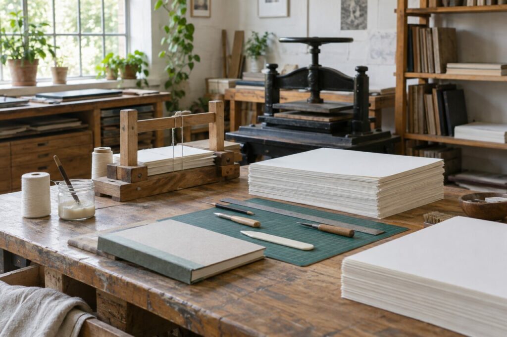 Atelier de reprographie indépendant — showing binding tools and blank sheets