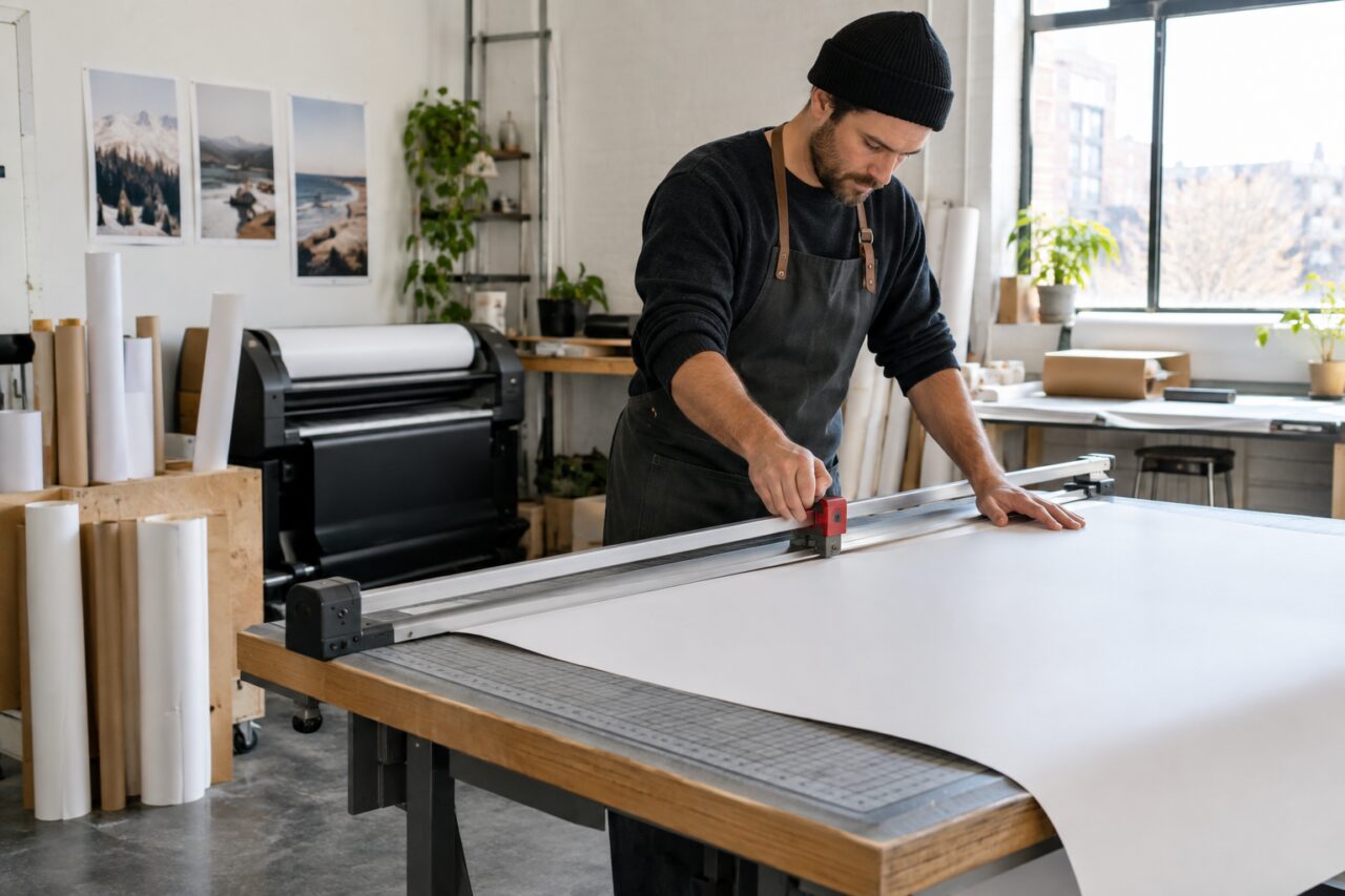 Atelier de reprographie indépendant — trimming a large-format print