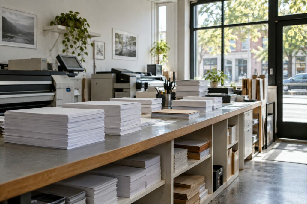 Independent reprography shop — with paper stacks on a long counter