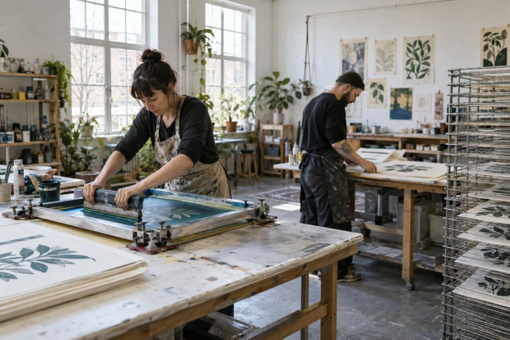 Oficina independente de serigrafia — inside a bright independent print studio