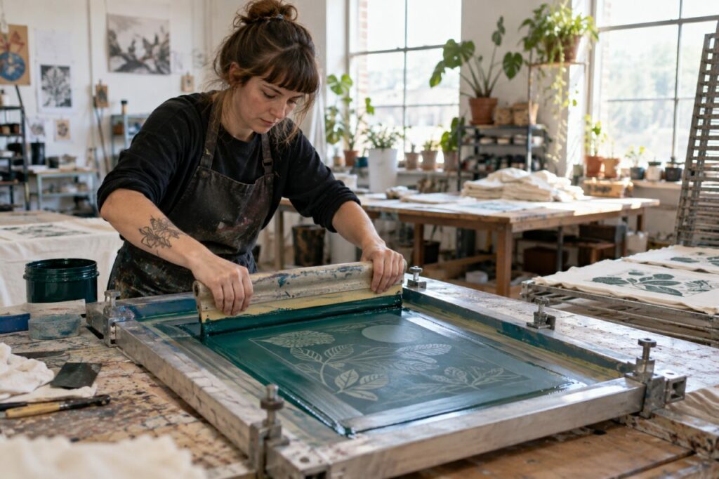 Oficina independente de serigrafia — pulling ink across a mesh screen