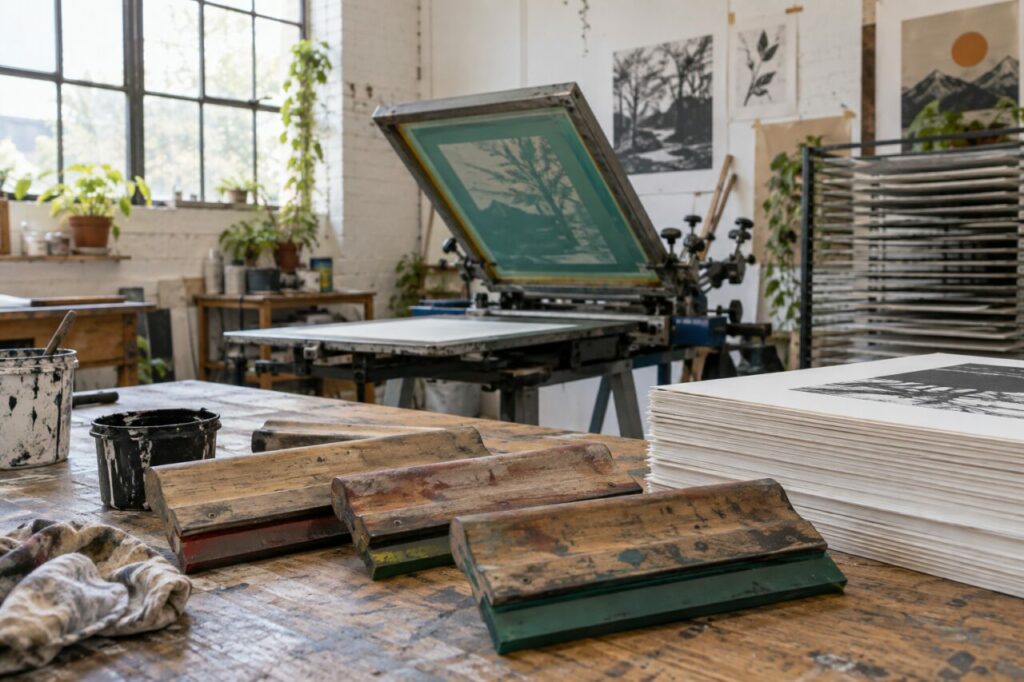 Oficina independente de serigrafia — showing squeegees and paper stacks