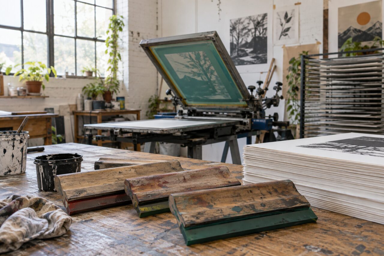 Zelfstandige zeefdrukstudio — showing squeegees and paper stacks