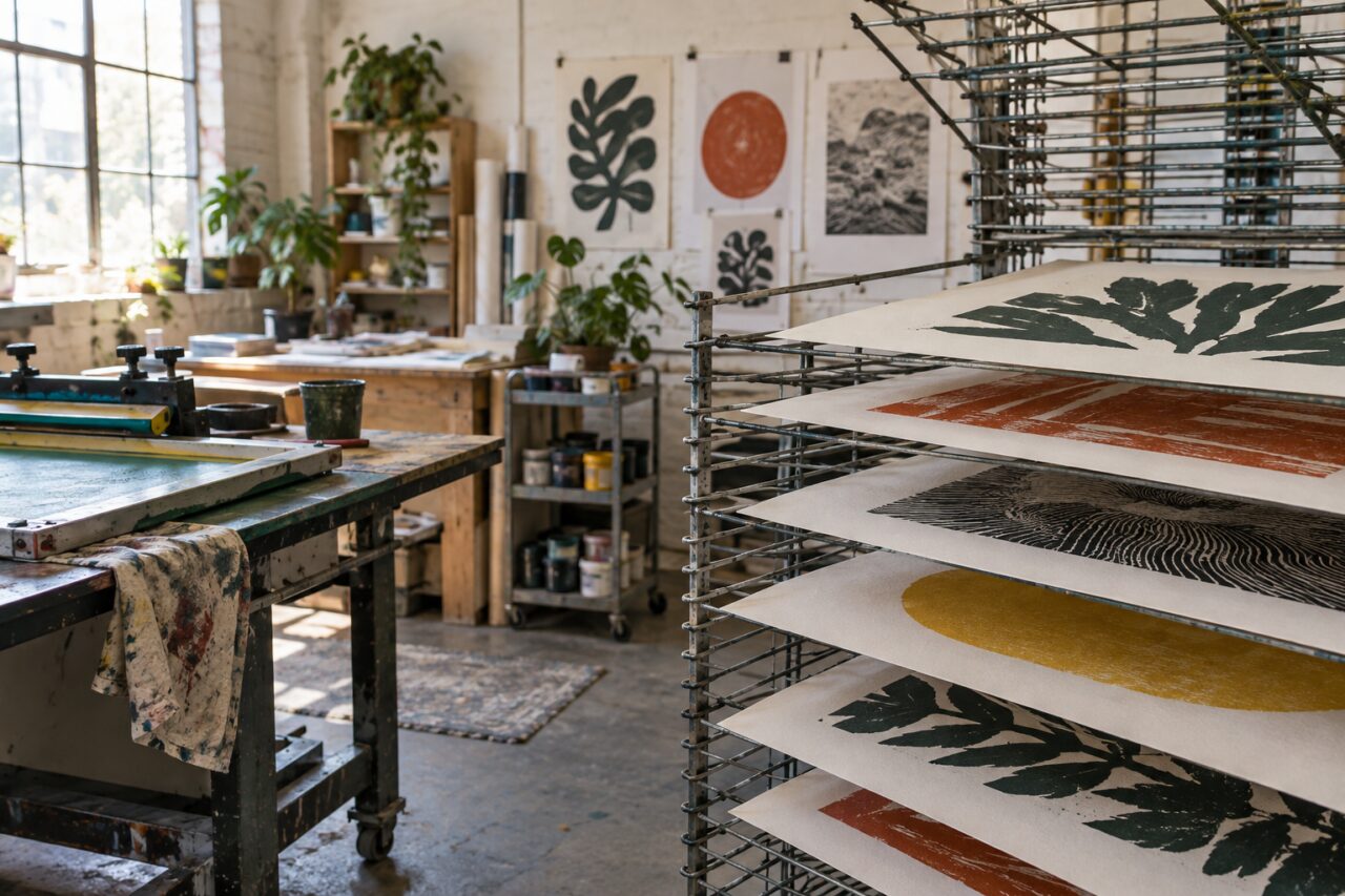 Independent screen-printing studio — with drying prints on a rack
