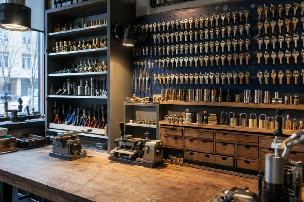 Atelier de serrurerie avec établis, étaux et panneaux de clés