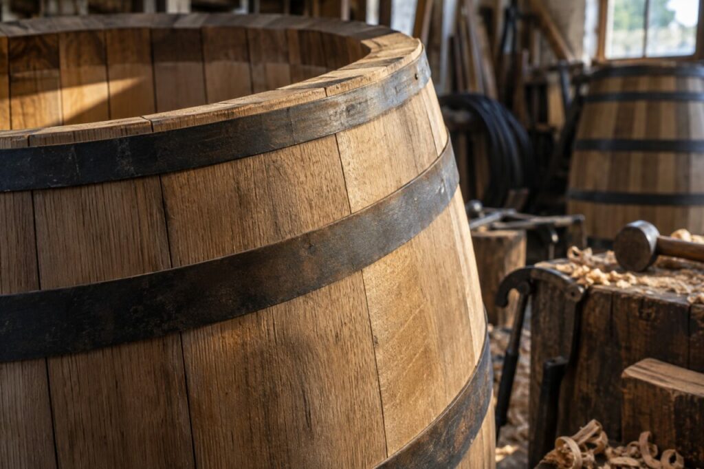 Independent cooperage workshop — a close view of curved barrel wood