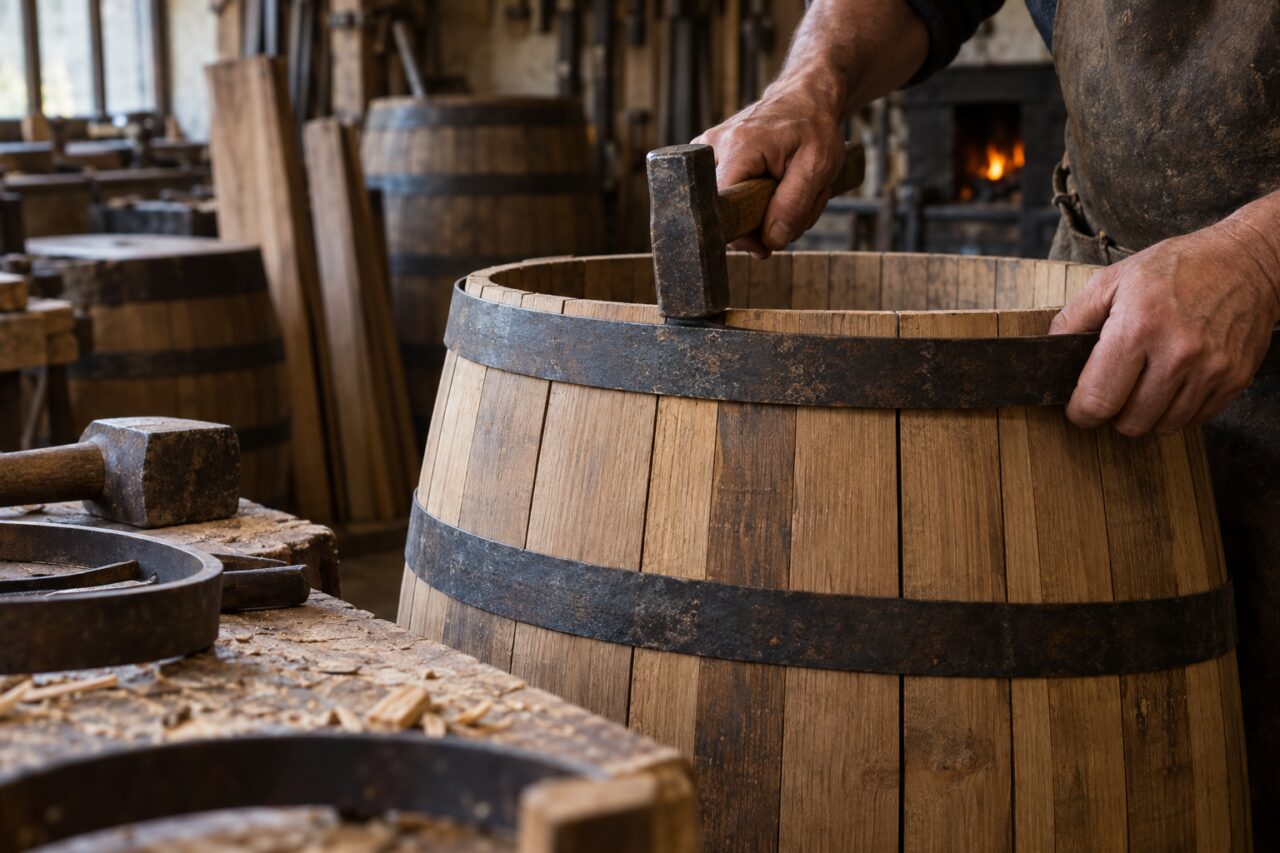 Bottega indipendente di bottai — assembling a barrel over a wooden workbench
