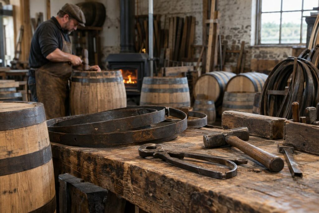 Independent cooperage workshop — showing hoops and hand tools