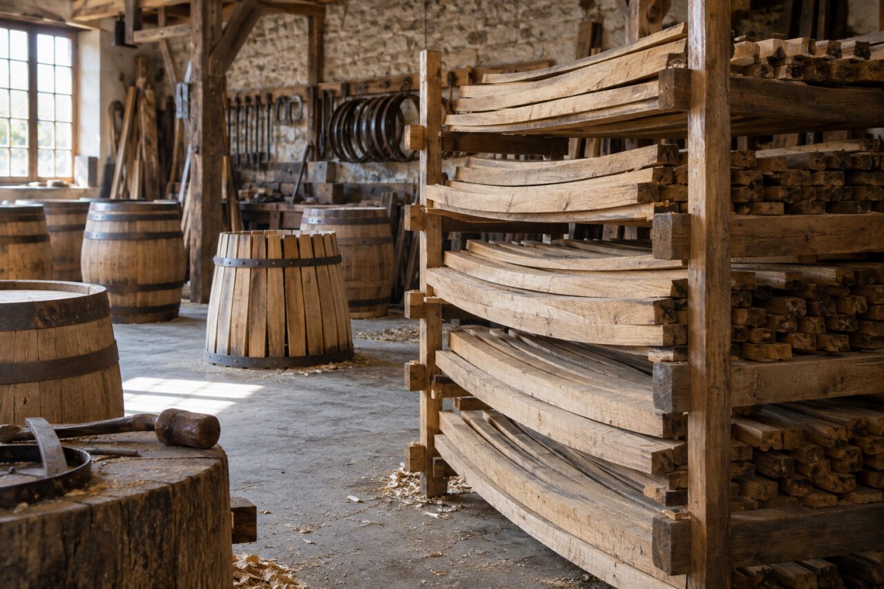Atelier de tonnellerie — with oak staves stacked on racks