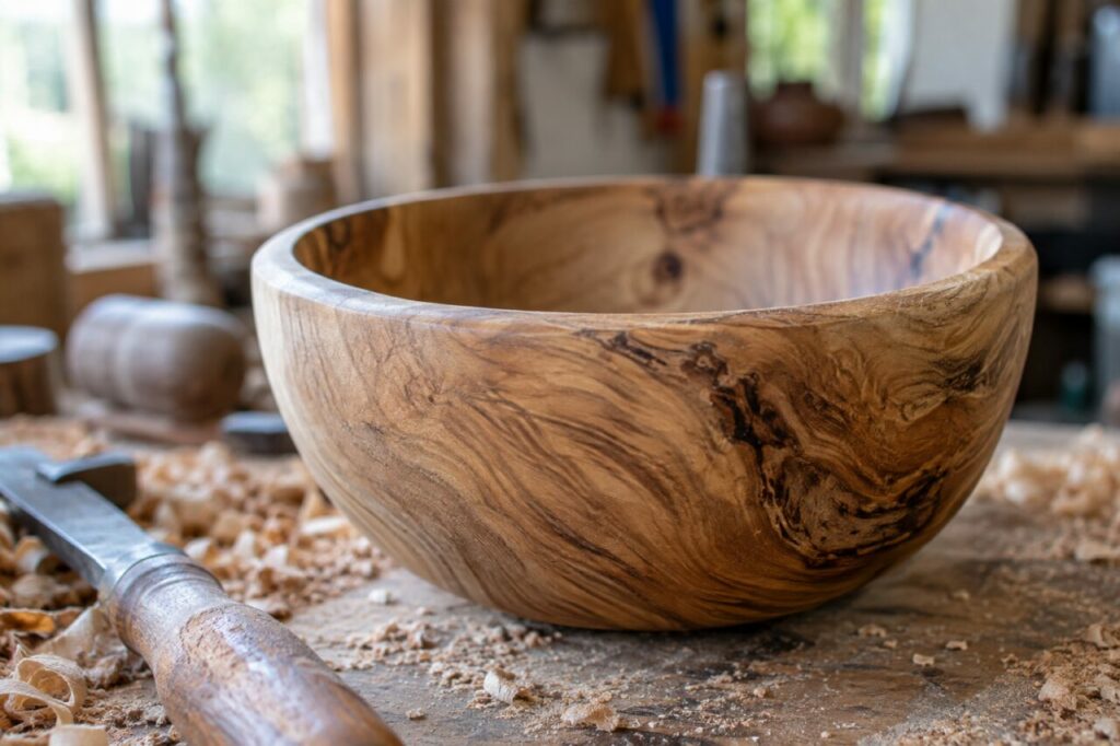 Atelier de tournage sur bois — a close view of turned wood grain
