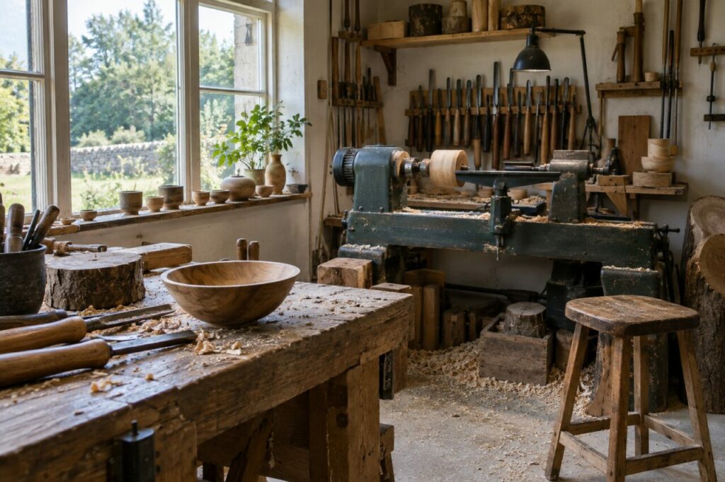 Atelier de tournage sur bois — inside a quiet independent woodturning workshop
