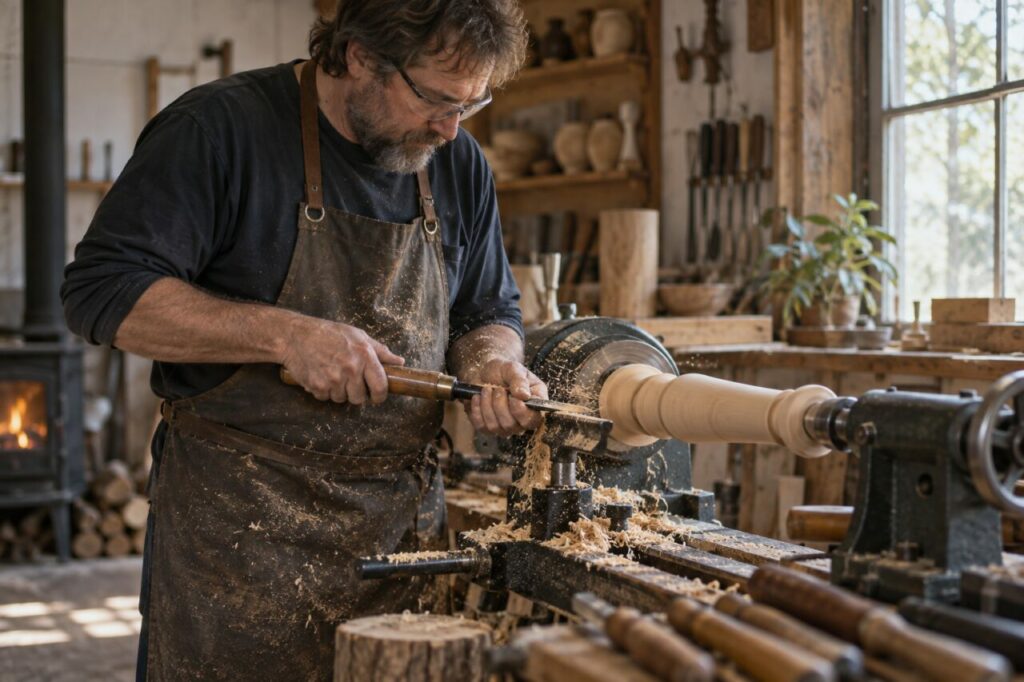 Atelier de tournage sur bois — shaping a spindle by hand
