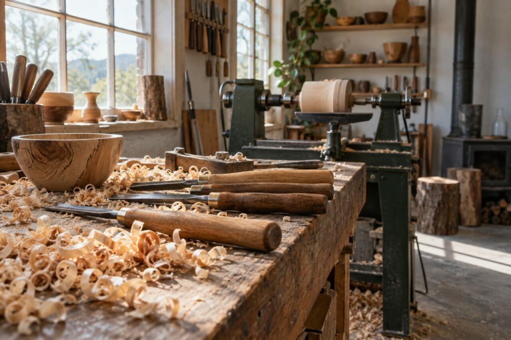 Atelier de tournage sur bois — showing chisels and curled shavings