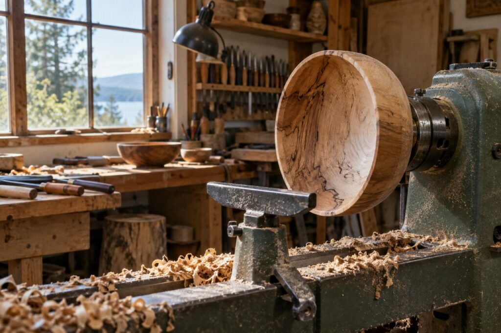 Atelier de tournage sur bois — with a wooden bowl on a lathe