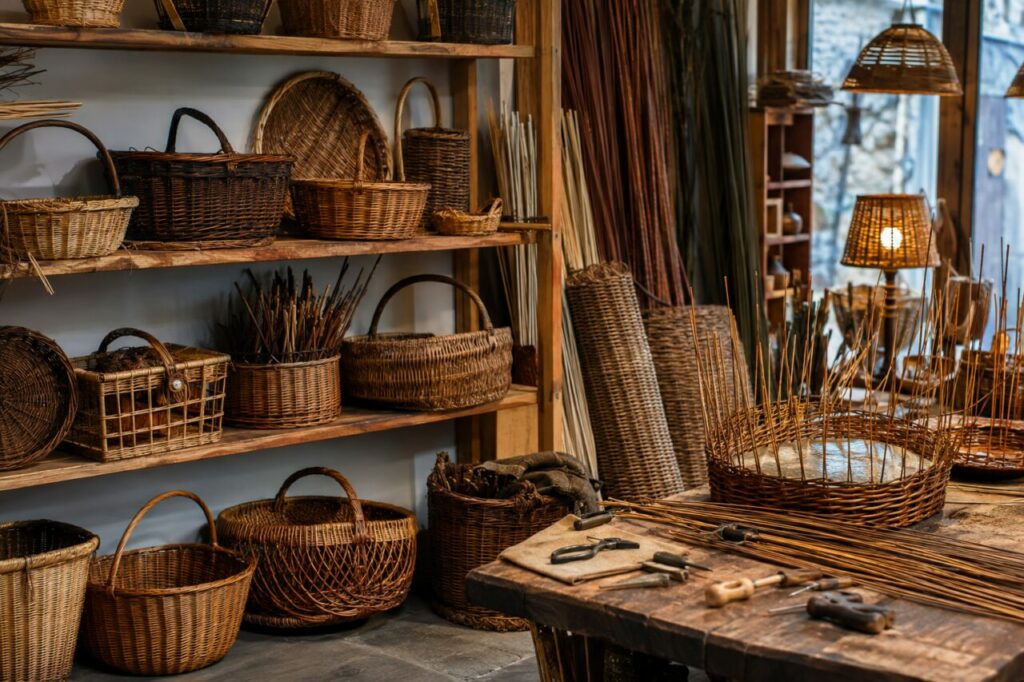 Atelier de vannerie avec paniers, anses et fibres naturelles sur les étagères