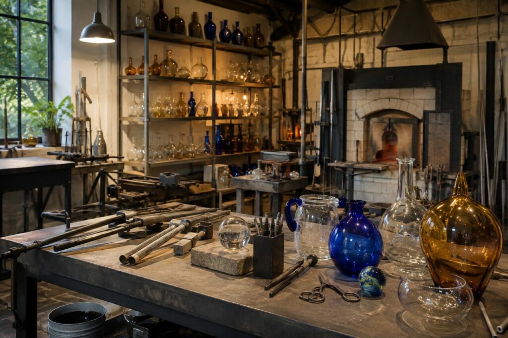 Atelier de verrerie avec outils, verre et étagères de présentation
