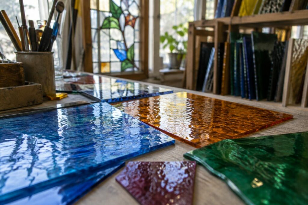 Oficina independente de vitrais — a close view of translucent glass texture