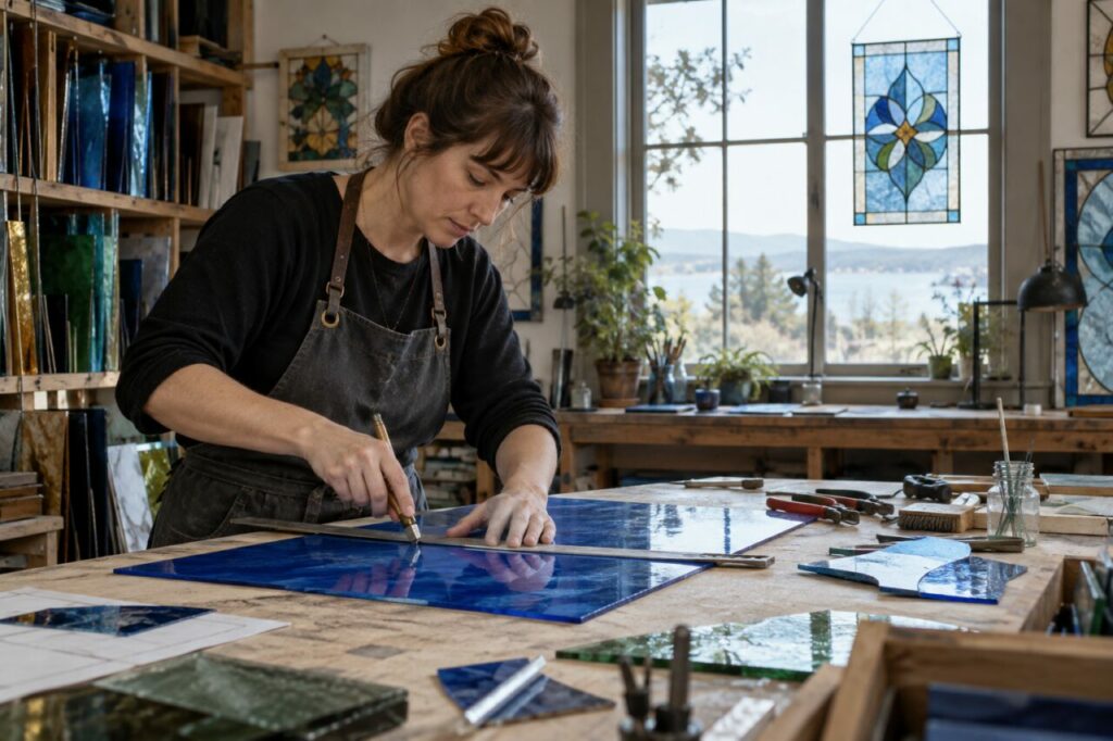 Independent stained-glass studio — cutting a blue glass panel by hand