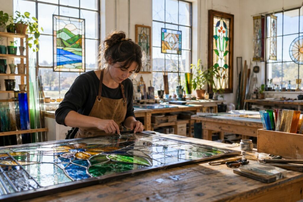Oficina independente de vitrais — inside a luminous independent stained-glass studio