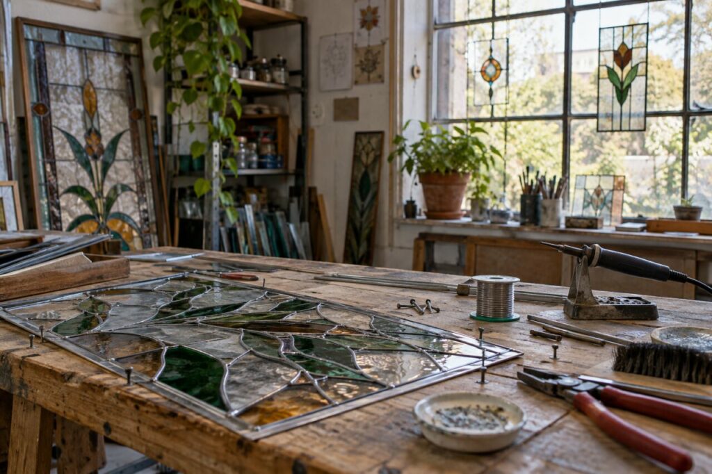 Oficina independente de vitrais — showing lead came and soldering tools