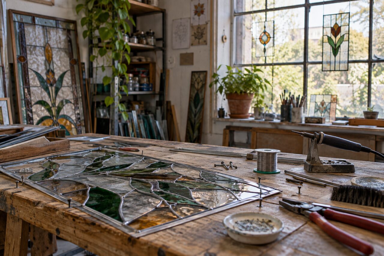 Unabhängige Glasmalereiwerkstatt — showing lead came and soldering tools