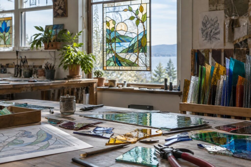 Atelier de vitrail indépendant — with colored glass pieces on a worktable