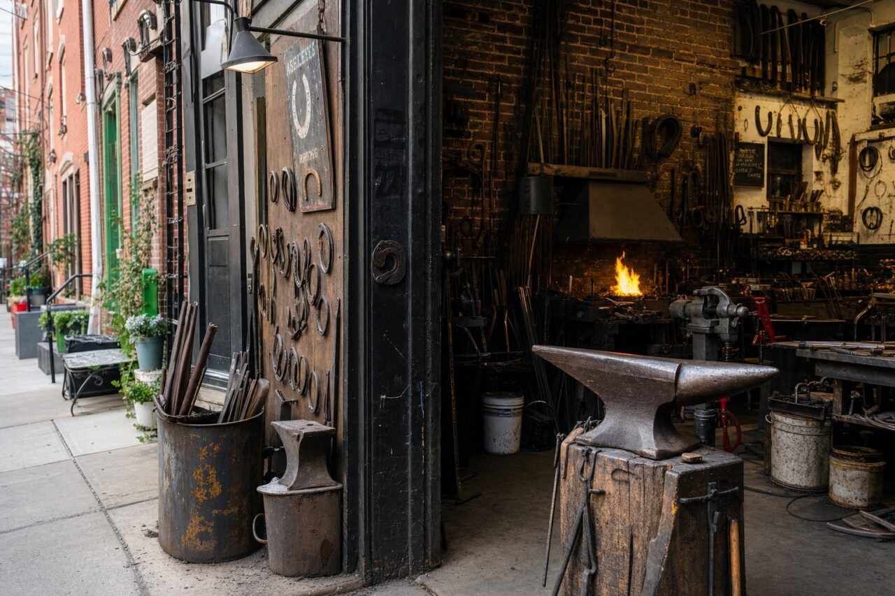 Open smederij aan een bakstenen straat in Philadelphia