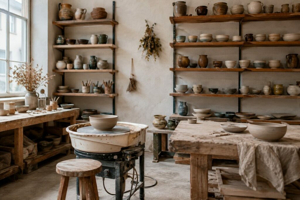 Atelier lumineux — Bols, vases et essais mats autour du tour et des tables de bois