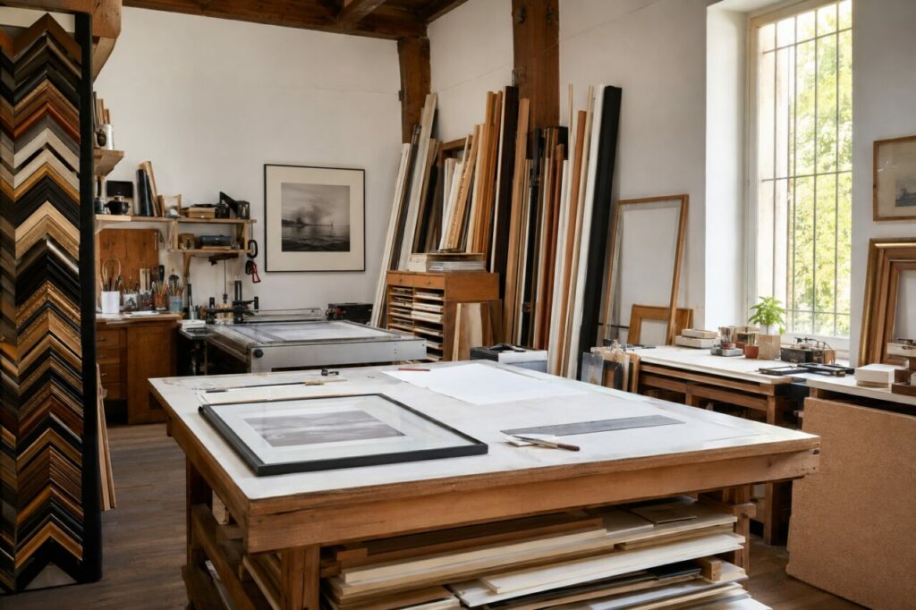 Atelier lumineux d’encadrement avec baguettes, cartons et tirages autour de la table