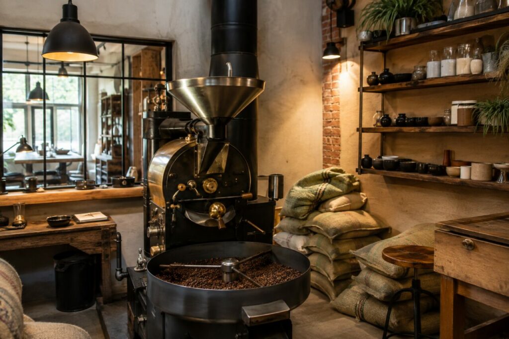 Atelier lumineux de torréfaction avec sacs de café et grains près du comptoir